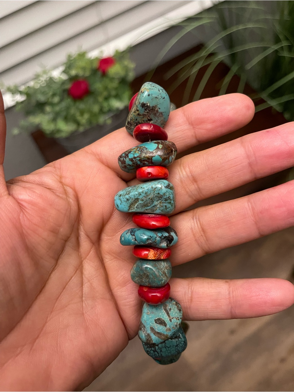 Turquoise And Red Coral Beaded Statement Necklace 16”